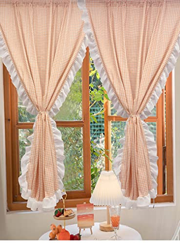 Yaland Scheibengardinen Gardinen Schal Landhausstil Karo Vorhänge Vintage Stangendurchzug Blickdicht Breite 150cm Hoch 200cm Orange