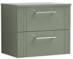 nuie DPF893W Deco Modern Bathroom Wall Hung 2 Drawer Part Fluted Vanity Basin Unit with Worktop, 600mm, Satin Green
