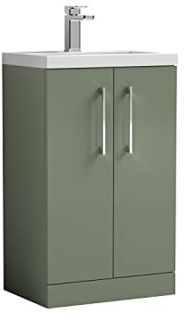 nuie PAL118E Arno Compact Modern Bathroom Floor Standing Slimline 2 Door Vanity Unit and Ceramic Basin, 500mm, Satin Green