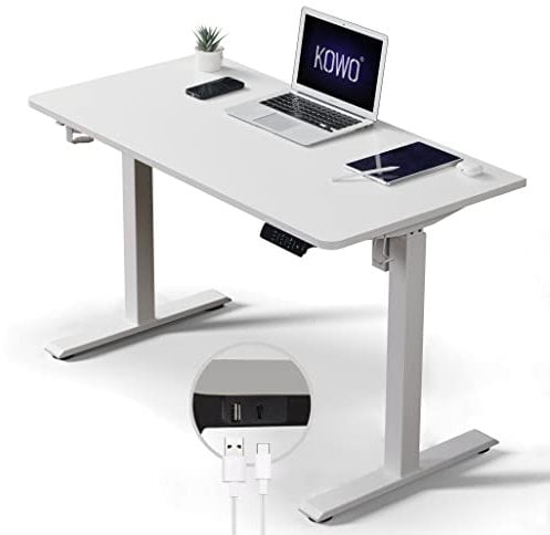 Kowo Standing Desk with USB Hub & C Charger, Height Adjustable Electric Non-Spliced Top, Sit Stand Desk, Up Home Office Table, White 120 x 60 cm (K3041-03-12)