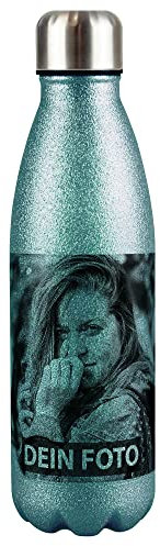 PR Print Royal Edelstahl-Trinkflasche Bedrucken - Glitzer-Trinkflasche personalisiert mit Foto - Thermosflasche, Wasserflasche BPA-frei, Camping, Schule | Personalisiertes Geschenk, Türkis 500 ml