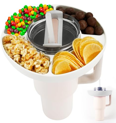 Snack Bowl for Stanley 40 oz Tumbler, Reusable Snack Storage Top Ring Candy Tray Nuts Platter Containers Box with 4 Compartments for Food Topper Plate Cup Holder for Stanley Cup Accessories (White)