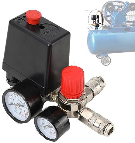 QAVODB Regolatore di pressione 230 V/20 A con pressostato, compressore d'aria 5,0 – 8,0 bar, IP44 con 2 manometri per riduttore di pressione veloce