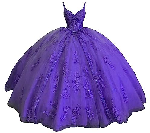 ZHengquan Vestidos de quinceañera para mujer, vestido de baile, tirantes delgados, apliques dulces, 16 vestidos para adolescentes, violeta, 36