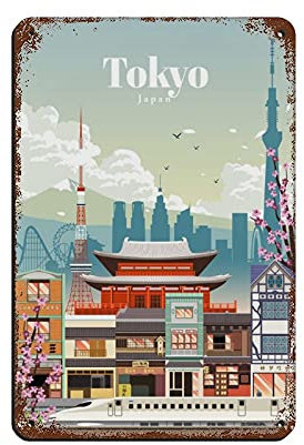 Placa vintage de paisaje urbano Tokio Japón Vintage Cartel de estaño Home Office Cocina Pub Club Cafe Bar Granja Restaurante Colección Metal Decoración de Pared