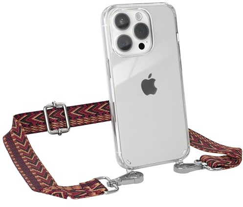 EAZY CASE Handykette - Verstellbares Taschenband kompatibel mit iPhone 15 Pro, Schulterriemen, Handykordel mit Silikon Hülle, Umhängetasche, Rot Braun Silber