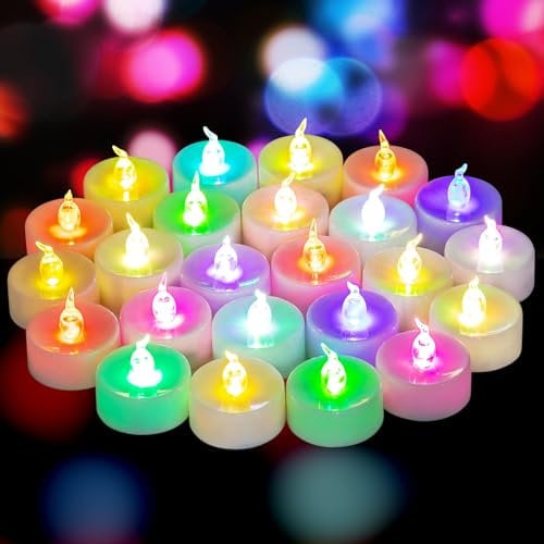 Yakpo 24 PCS Slowly Colour Changing Tea Lights Battery Operated, Flameless Flickering Electric Coloured TeaLights, LED Colourful Flicker Votive Candles Bulk for Christmas Party Halloween Decorations