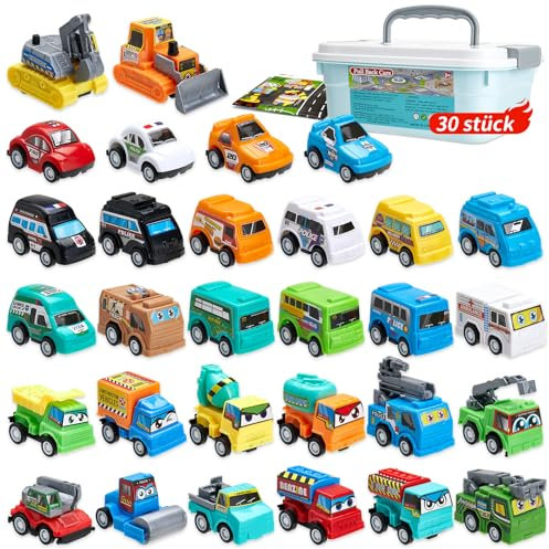 Pwtuuki 30 Stück Kleine Autos Zurückziehen Spielzeugautos Mini Bagger Spielzeug ab 3 Jahre Spielauto Pull Back Auto Spielzeug Set Geschenk für Kinder Jungen und Mädchen