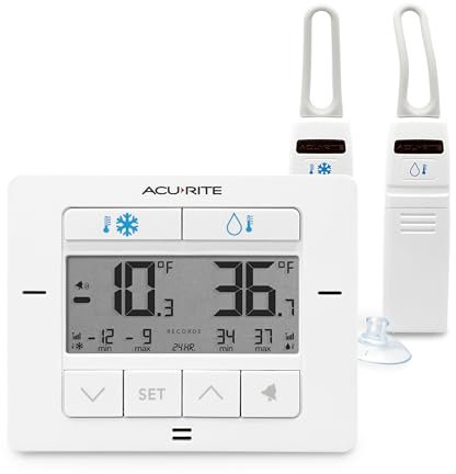 AcuRite Matte White Digital Wireless Fridge and Freezer Thermometer for Home and Restaurants with Alarm and High/Low Temperature Records (00523M)