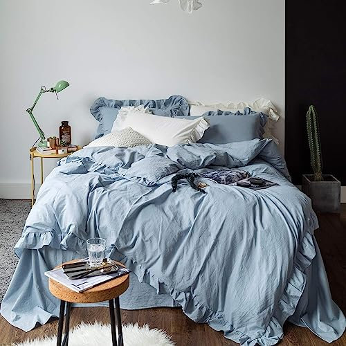 Lanqinglv Rüschen Bettwäsche 135x200cm 4 Teilig Gräuliches Blau Unifarben Mikrofaser 2 Romantisch Bettbezug mit Reißverschluss und 2 Kissenbezug 80x80cm