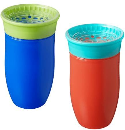 Nuby All Around Water Bottle - No Spill Sippy Cup | 300ml / 10oz | Drink from Any Angle | Dishwasher Safe | BPA Free | Suitable Beaker for 6 Months Plus (Pack of 2, Blue/Orange)