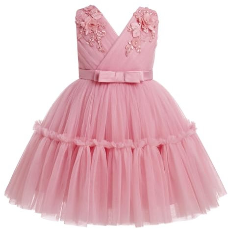 IMEKIS Vestito da damigella d'onore senza maniche con scollo a V Bowknot volant in tulle tutù vestito elegante compleanno contea abito da ballo, rosa antico, 12-18 Mesi