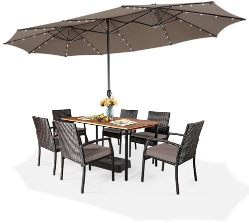 GOPLUS Doppelsonnenschirm mit LED Beleuchtung, UV 50+, Sonnenschirm mit Ständer, Balkonschirm groß 470 x 280 cm, Gartenshirm mit Kurbel & 12 Rippen, Marktschirm Tischschirm oval (Mit Ständer,Braun)