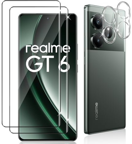 Datree 2 Piezas Protector de Pantalla para Realme GT 6/ Realme GT 6T, con 2 Piezas 3D Protector de Lente de Cámara,Dureza 9H Sin Burbujas, Alta Definicion,Anti-Arañazos Cristal Templado