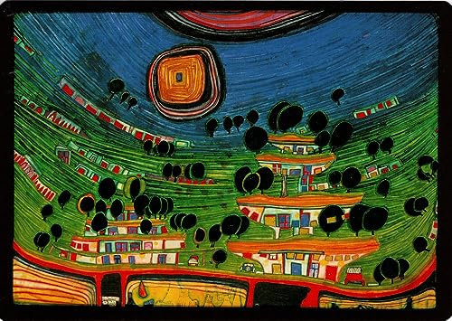Kunstkarte Hundertwasser Die Häuser hängen an der Unterseite der Wiesen