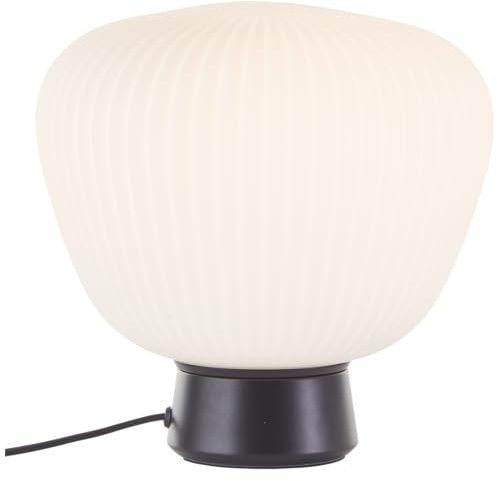 Lightbox Retro Nacht-Tischlampe | 25 cm Höhe, Ø 25 cm | Tischleuchte mit geriffeltem Opal-Glas Lampen-Schirm & Wipp-Schalter | E27 | aus Metall/geriffeltem Opalglas | in Matt Schwarz/Weiß