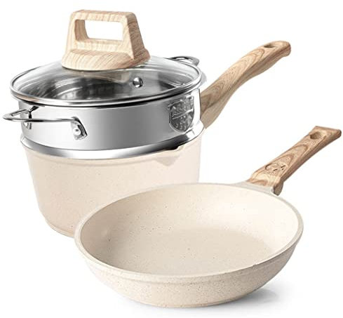 Juego de Wok Sartén Antiadherente Olla de Piedra para arroz para baño maría con Tapa de Vidrio Sartén para freír