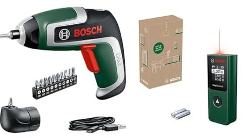 Bosch Akkuschrauber IXO (7. Generation; 3,6V; 2,0Ah; 5,5Nm; mit Mikro-USB-Kabel) + Laser-Entfernungsmesser EasyDistance 20 (einfache und präzise Messung bis 20 m, Ein-Tasten-Steuerung)