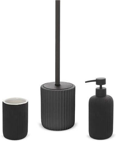 Inbagno Set Accessori Bagno 3 Pezzi in Ceramica Nero cannettato, Dispenser Sapone portaspazzolini e portascopino Soft Touch, Spring