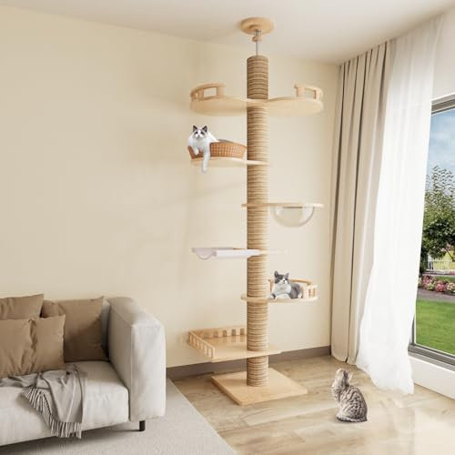 Romiromi Kratzbaum Deckenhoch, 7-Tier 250cm-260cm Einstellbare, Hölzerne Katzenbaum mit 7 Sisal Kratzbaum und Matte Katzenmast für Indoor Katzen