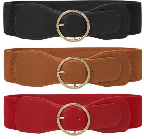 WERFORU 3 Stück Elastischer Taillengürtel für Damen Vintage Breiter Gürtel für Kleid Damen Dehnbarer Cinch Gürtel Schwarz+braun+rot
