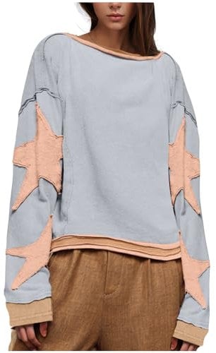 Free People Women's Oversized Star Print Drop Shoulder Sweatshirt - Long Sleeve Lightweight Pullover Top, Loose Fit Casual Y2k Blouse for Spring Fall
