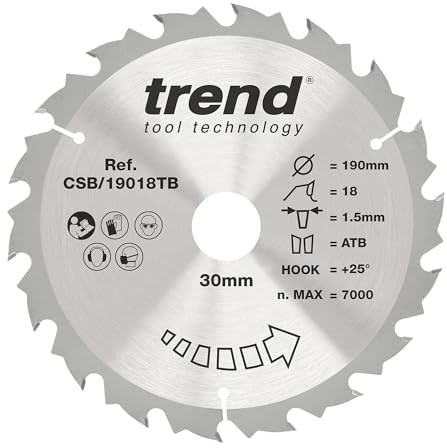 Trend 190 mm Cordless Circular Saw Blade, 18T, 30 mm Bore, TCT | For Clean Coarse Cuts In Wood, With 1.5 mm Kerf And +25° Hook Angle For Fast Cutting, CSB/19018TB