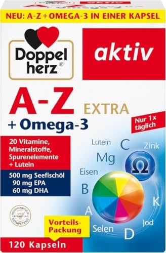 Doppelherz A-Z + Omega-3 Extra | 20 Vitamine, Mineralstoffe & Spurenelemente + Omega-3 + Lutein - Nur 1 Kapsel täglich - 120 Kapseln