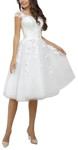 SZSFNMMY Brautkleid Kurz Tüll Brautkleid mit Spitzenapplikationen Ärmellos Knielang Hochzeitskleid für Frauen, 40