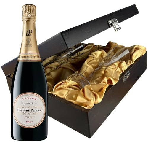 Laurent Perrier La Cuvee Brut Champagne and Flutes in Wooden Hinged Presentation Box 75cl 12% abv