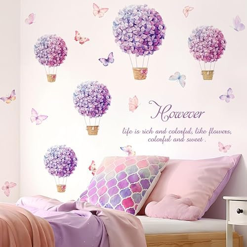 FUFUQUARE Purple Hydrangea Flower Wall Stickers Inspirational Butterfly Floral Basket Wall Art Decals Peel and Stick for Living Room Bedroom Nursery
