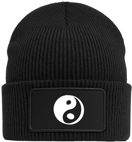 Huuraa Beanie Yin und Yang Taoismus Geschenk | Black Geschenkidee Schwarze Rippstrick Wintermütze mit austauschbarem Klett Patch