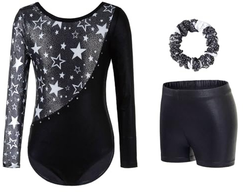 Gymnastics Leotards for Girls - Sparkling Gradient Design, Girls' Three-Piece Sleeve Gymnastics Leotard Set with Shorts for Ballet & Dance