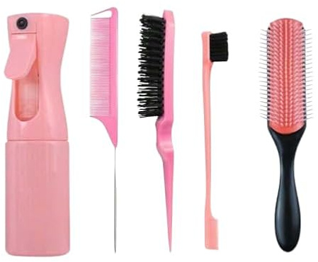 5Pcs Detangling Brush Set 9-Row Cushion Nylon Bristles, Mist Spray Bottle For Hair Bottle200ml, Dual Edge, Teasing, And Styling Comb, Detangling Brush For Curly Hair Brush For Afro America 3a To 4c