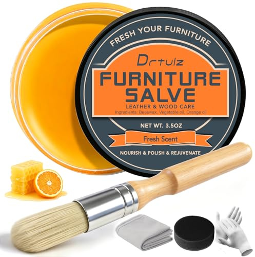 Furniture Salve with Beeswax & Orange Oil for Leather, Wood, Vinyl – 3-in-1 Polisher, Conditioner & Restorer for Couches, Tables, Chairs – Repair Kit with Brush & Cloth – Natural Leather Care, 3.5 oz