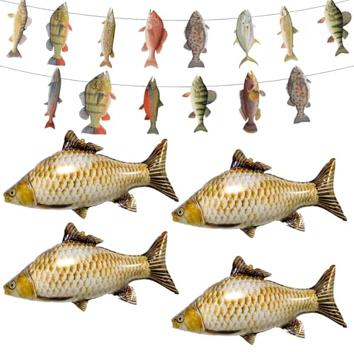 Angeln Geburtstagsparty Dekorationen, Fisch Folienballon 4 Stück XXL fische Folienballon und Banner Für Die Angelparty Fischbanner, fischen-party-dekorationen (Mehrfarbig B)
