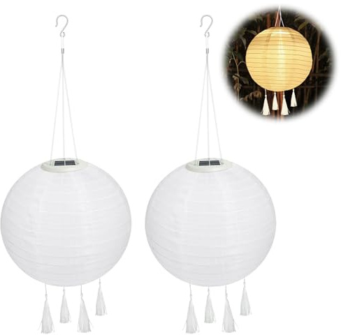 Idota 2 Stück Lampions Außen, 25cm Wasserdicht Gartenlaterne Weiß Lampions, Nylon Garten Laterner Hängende Laterne mit 4 Quaste für Hof/Terrasse/Hochzeit/Fest Deko