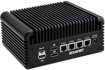 ROUAFWIT Firewall Fanless Mini PC N95, 4x 2.5GbE i226-V LAN, NVMe, 6USB,SIM,TF, 2HD+TYPE C 4K Triple Display, DDR5 32G RAM 1TB SSD, Support OPNsense Router Appliance, Mini Server