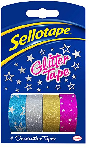 Sellotape Glitzerband, 4 Rollen dekorative Klebebänder, kompatibel für Sellotape On-Hand-Abroller, 18 mm x 3 m, 4 bunte Bänder