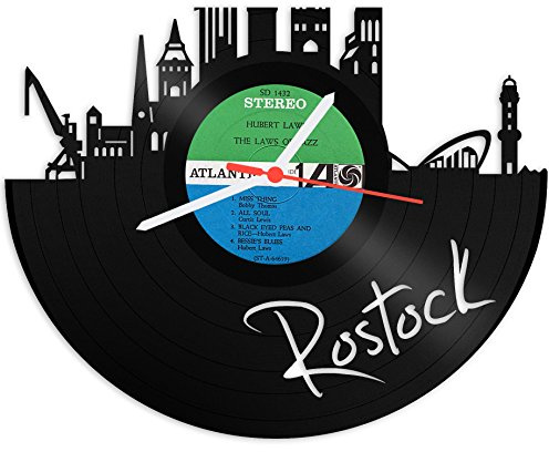 GRAVURZEILE Schallplattenuhr - Skyline Rostock - Wanduhr aus gegossenem Vinyl mit Stadt Skyline 30 cm - Upcycling Design-Uhr Wand-Deko Vintage-Uhr Wand-Dekoration Retro-Uhr - Made in Germany