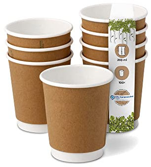 BIOZOYG 100 Stück Kaffeebecher isolierte Pappbecher 200ml / 8 oz Ø 80 mm weiß/braun - doppelwandig plastikfrei nachhaltige Materialien - Einwegbecher Glühweinbecher