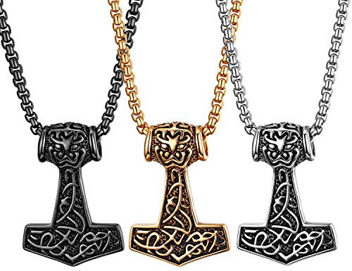 JewelryWe Schmuck 3pcs Edelstahl Thor Hammer Thorshammer Anhänger Halskette Retro Kettenanhänger mit 56cm Kette für Herren, Silber Gold Schwarz