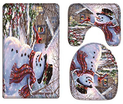 A.Monamour Badezimmer Badematte 3 Teilig Set Roter Vogel Schneemann Schneebedecktes Haus Weihnachtsfeiertagsdekorationen Flanell Saugfähig Badteppiche Badvorleger Badgarnitur Wc Vorleger