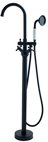 SITGES Solid Brass Freestanding Bathtub Faucet, Bathroom Floor Mount Tub Filler, Dual Function Double Cross Handles with Ceramic Hand shower, Matte Black