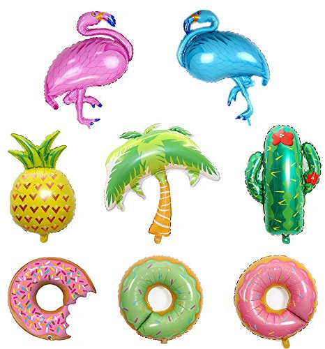 8pc Hawaii Foil Balloons,Flamingos Cactus Palm Trees Aluminum Balloons,Donut Helium Pineapple Balloon Party Fiesta Decorations