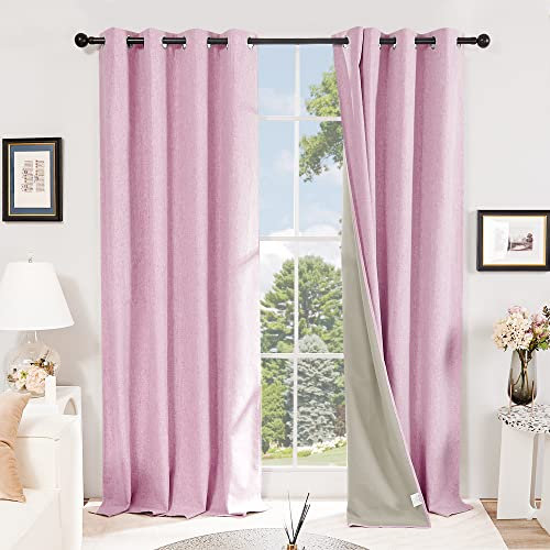Deconovo Lot de 2 Rideaux Occultant Complètement en Lin Effet à Oeillets Rose 140×175 CM Rideau Salon Isolant Thermique Anti Froid