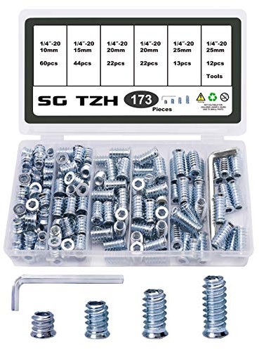 SG TZH 173-teiliges Gewindeeinsätze für Holzmutterschrauben, 1/4-Zoll-20 x 10 mm/15 mm/20 mm/25 mm Sechskantantrieb, Möbel-Holzmutter-Sortiment (mit Sechskantschlüssel).
