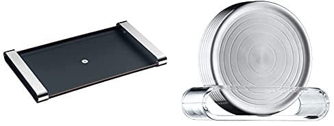 WMF Club Tablett 54 x 32 cm mit Tragegriffen, Echtholz lackiert, Cromargan Edelstahl, schwarz & Loft Bar Gläserteller-Set 6-teilig, Glasuntersetzer 9,5cm, Cromargan Edelstahl mattiert