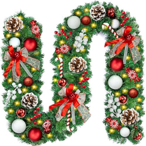 MAISITOO 2.7M Tannengirlande Künstlich LED Weihnachtsgirlande Deko 30LED Weihnachtsgirlande mit Beleuchtung Hängende Girlande Deko Weihnachtsdekoration für Kamin Treppentür Treppen Türen Baum Garten