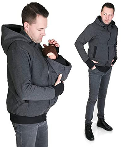 DXMFCC 2 in 1 Multifunktions Känguru Kapuzen Dad Herren Pullover Herren Fleece Sweatshirt Hoodie Jacke mit Babytrage Tasche Papa und Babytrage Mantel Herbst(grey,L)